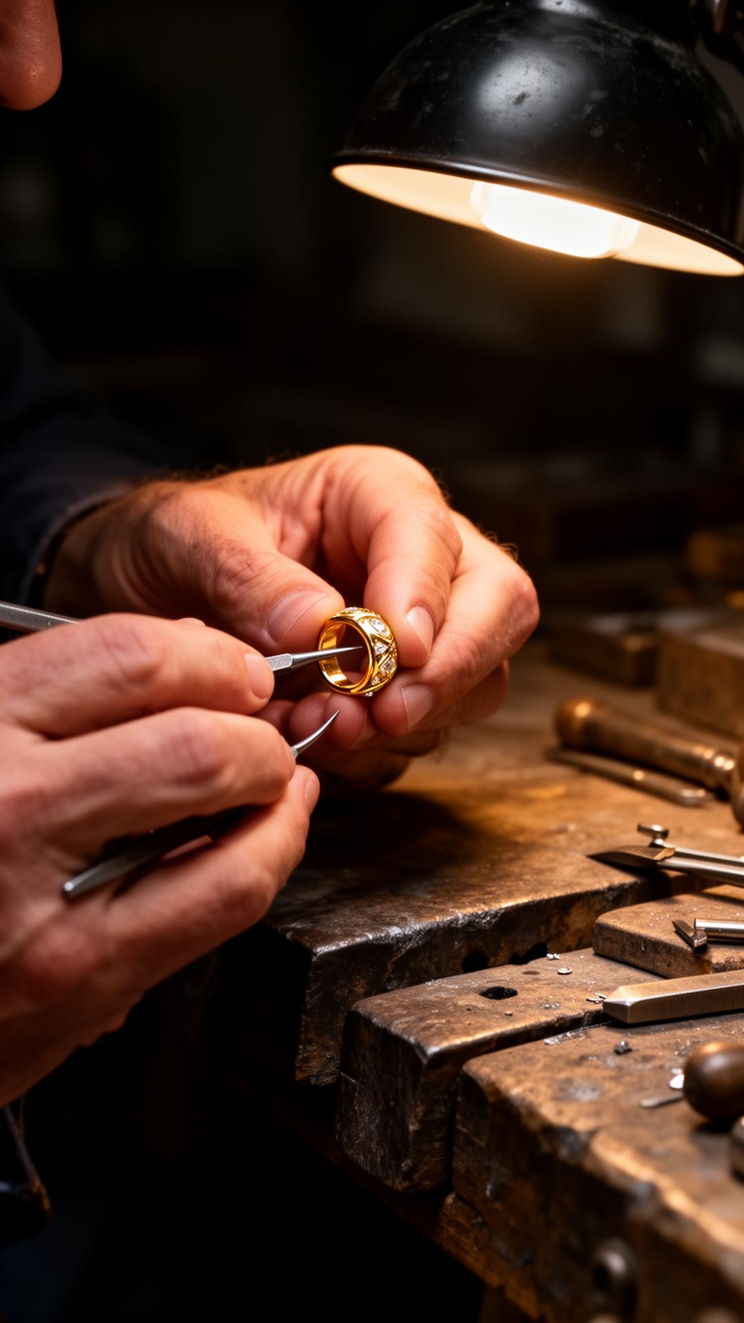 Master jeweler crafting a gold ring by hand