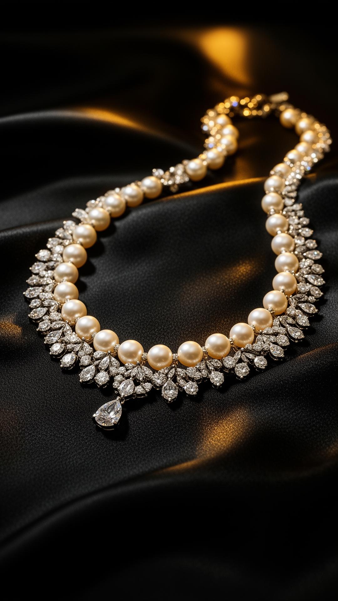 Diamond and pearl evening necklace on black silk